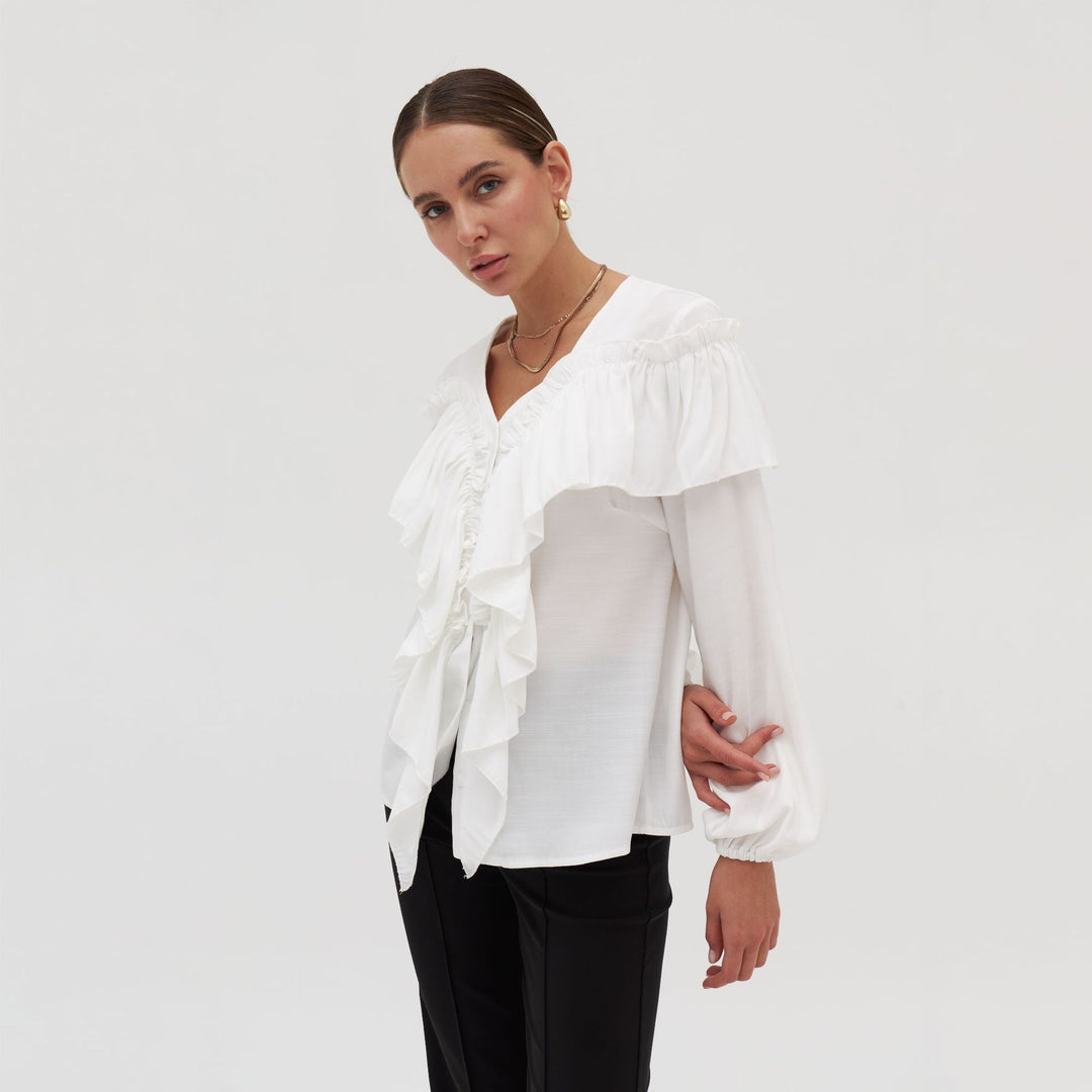 Damen Elegantes Blusenoberteil mit voluminösen Rüschen und schmeichelndem Schnitt Drune