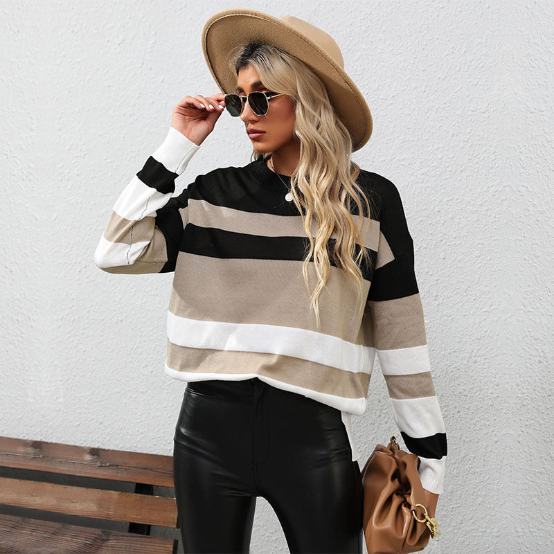 Damen gestreifter Pullover mit lässigem Schnitt und modischen Kontrastdetails Drune