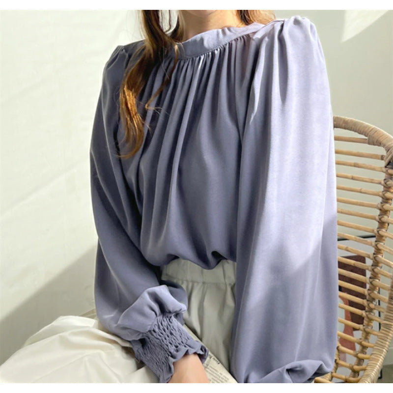 Damen elegante Bluse mit voluminösen Ärmeln und Stehkragen Drune
