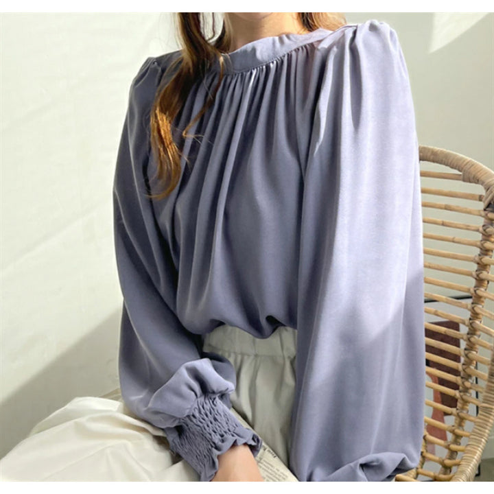 Damen elegante Bluse mit voluminösen Ärmeln und Stehkragen Drune