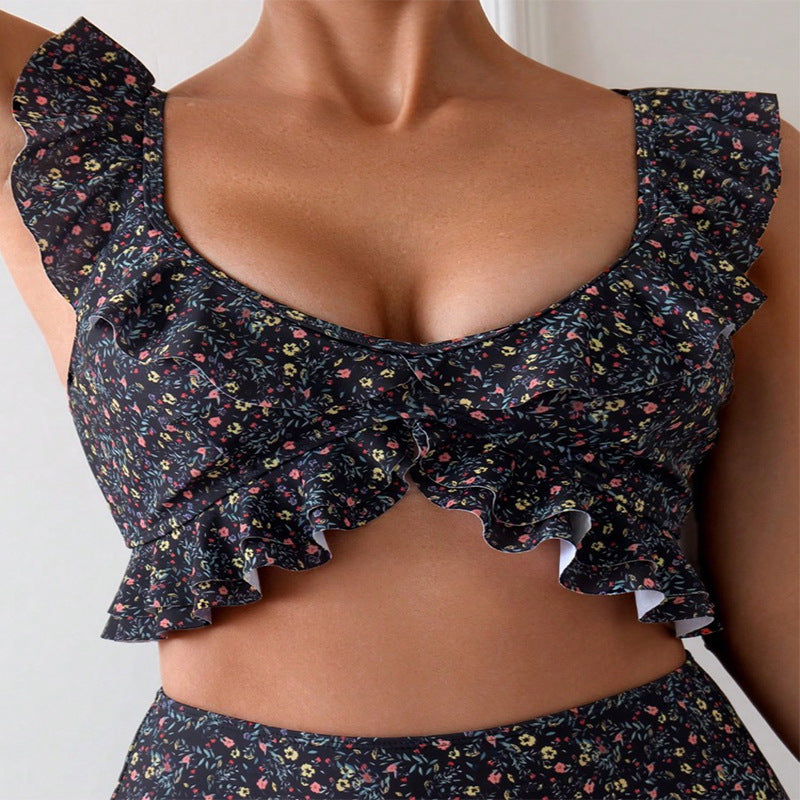 Damen Hochgeschnittener Bikini mit floralem Rüschendesign Drune