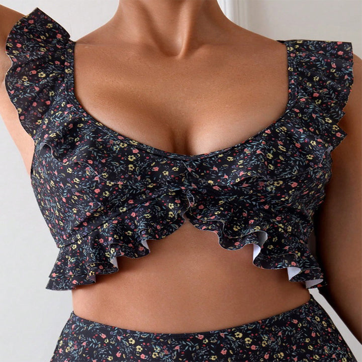 Damen Hochgeschnittener Bikini mit floralem Rüschendesign Drune