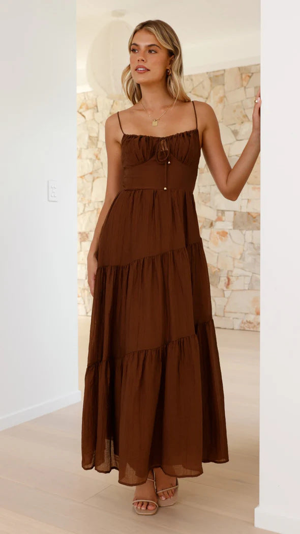 Damen Boho-Chic Maxikleid mit verstellbaren Spaghettiträgern und voluminösem Rock Drune