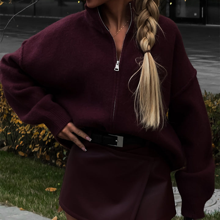 Damen Oversized Knitted Pullover mit halbem Reißverschluss Drune