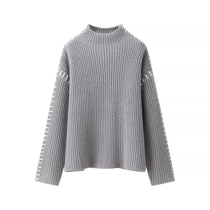 Damen nan Grobstrick-Oversize-Pullover mit hoher Rollkragenkante und Zierstich-Ärmeln Drune