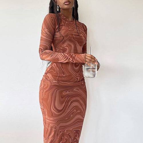 Damen Elegantes Maxikleid mit modernem Marmormuster und figurbetontem Schnitt Drune
