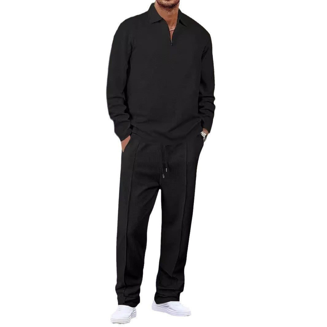 Unisex nan Waffelstruktur Freizeit-Set mit Halbzip-Poloshirt und elastischer Bundhose Drune