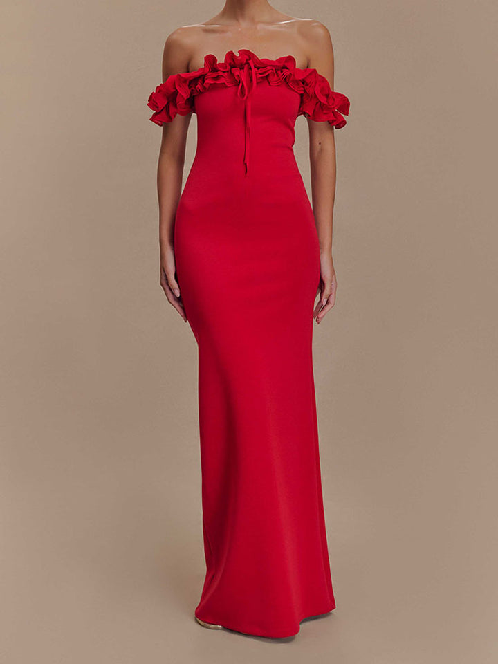 Damen Elegantes, schulterfreies Maxikleid mit Rüschendetails Drune