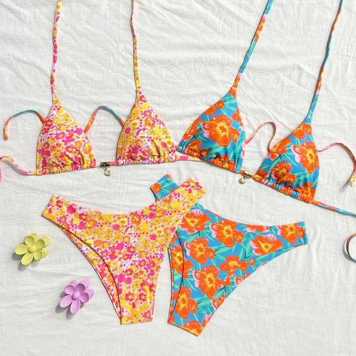 Damen Triangel-Bikini-Set mit floralen Mustern und stylischen Riemchen Drune