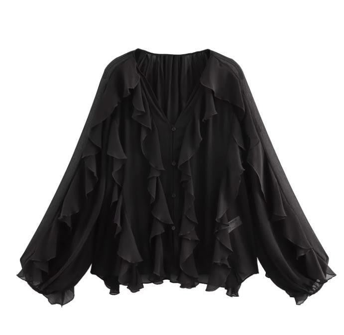 Damen Rüschenbluse mit weitem Schnitt und ballonartigen Ärmeln Drune