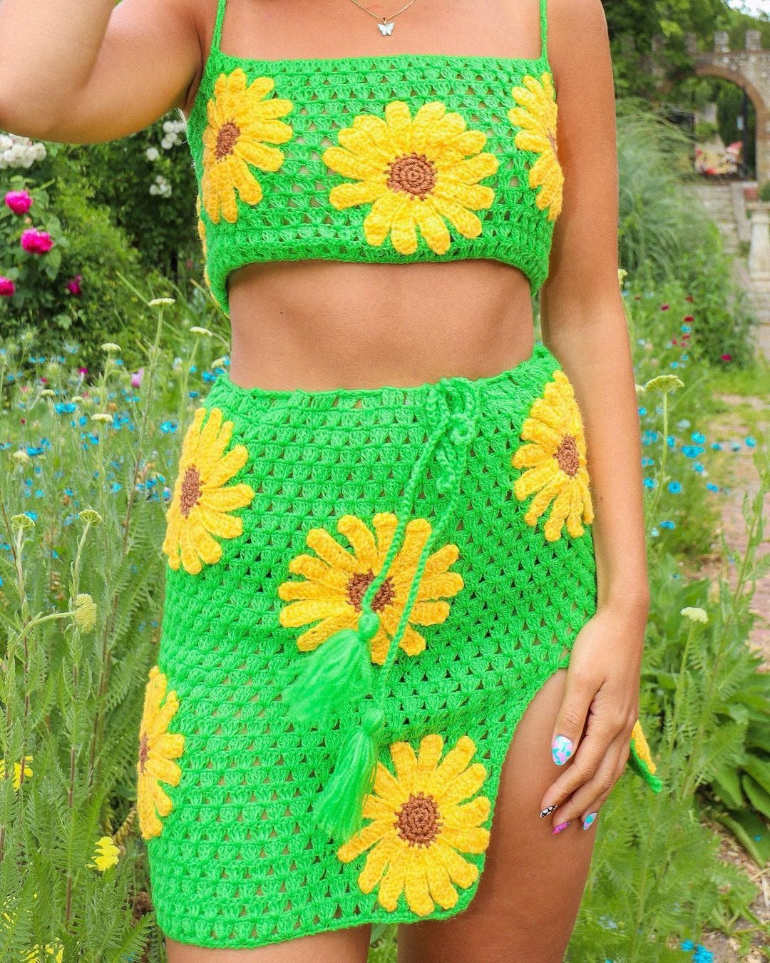 Damen Trendiges Häkel-Set mit floralem Design Drune