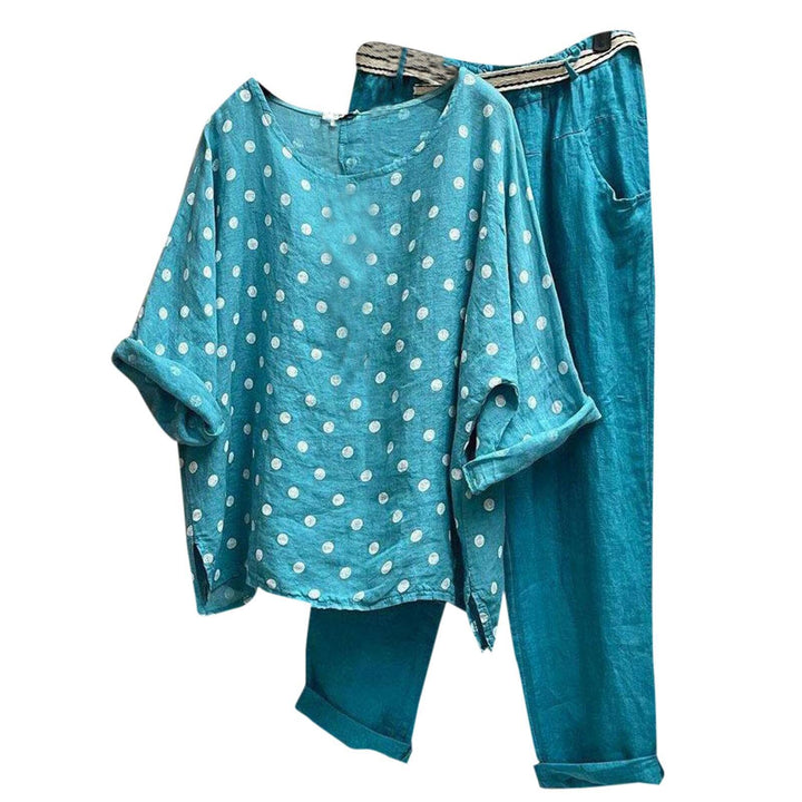 Damen nan komfortables Leinen-Freizeitset mit weiter Tunika, Pünktchenmuster und elastischer Bundhose Drune