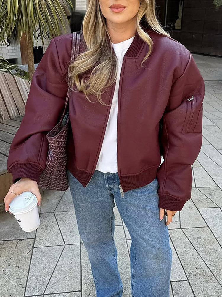 Damen Lässige Lederjacke mit voluminösen Ärmeln und Reißverschluss Drune
