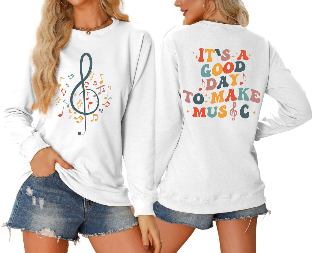 Damen Sweatshirt mit musikalischem Motiv und kreativem Schriftzug Drune