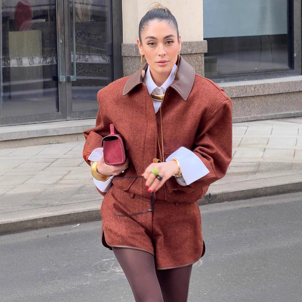 Damen modisches Blazer- und Shorts-Set mit strukturiertem Obermaterial Drune