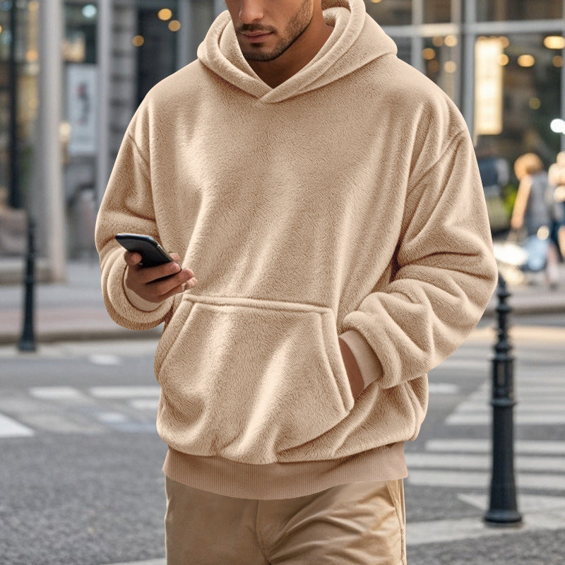 Herren nan kuscheliger Oversize-Fleece-Hoodie mit Kängurutasche und geripptem Saum Drune