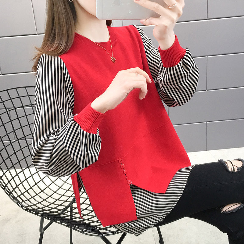 Damen Layered Sweatshirt mit gestreiften Ärmeln und Knopfdetails Drune