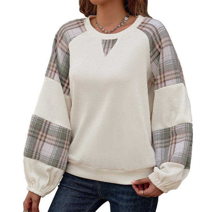Damen lässiges Sweatshirt mit modischen Karierten Ärmeln Drune