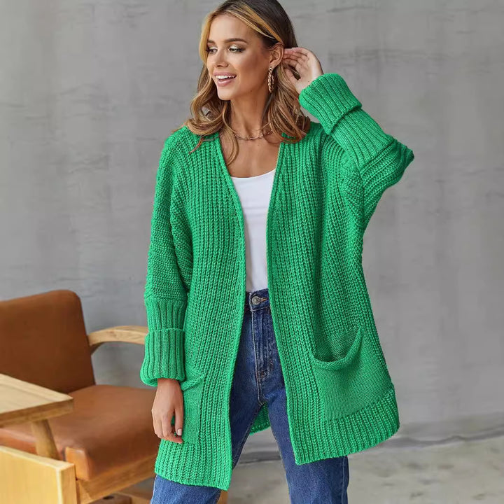 Damen Strukturierter Offener Strickcardigan mit Taschendetails Drune