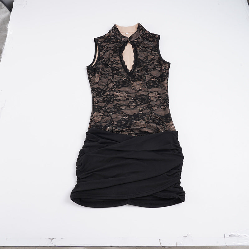 Damen figurbetontes Spitzenkleid mit Rüsche und tiefem Ausschnitt Drune