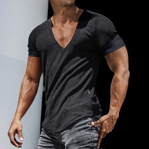 Herren V-Ausschnitt T-Shirt mit strukturierter Oberfläche Drune