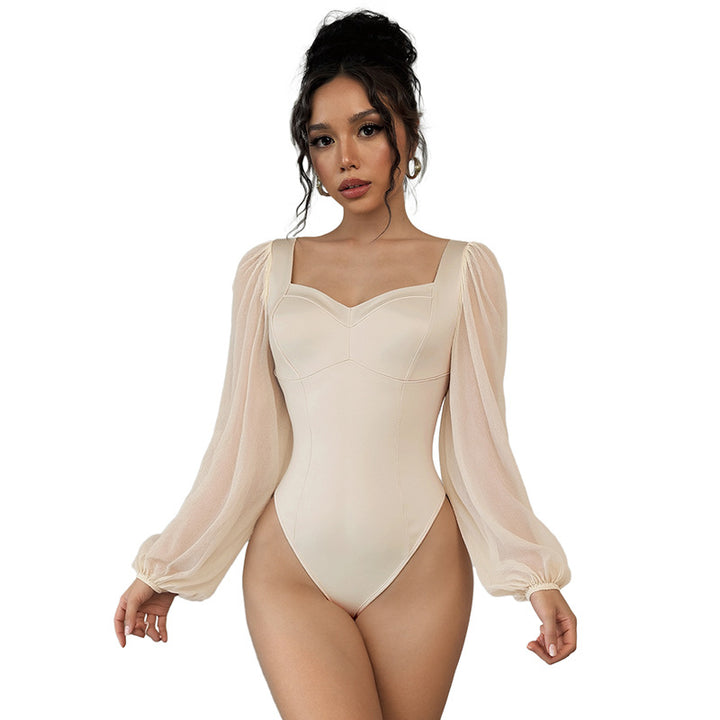 Damen Stretch-Bodysuit mit Puffärmeln und tiefem V-Ausschnitt Drune