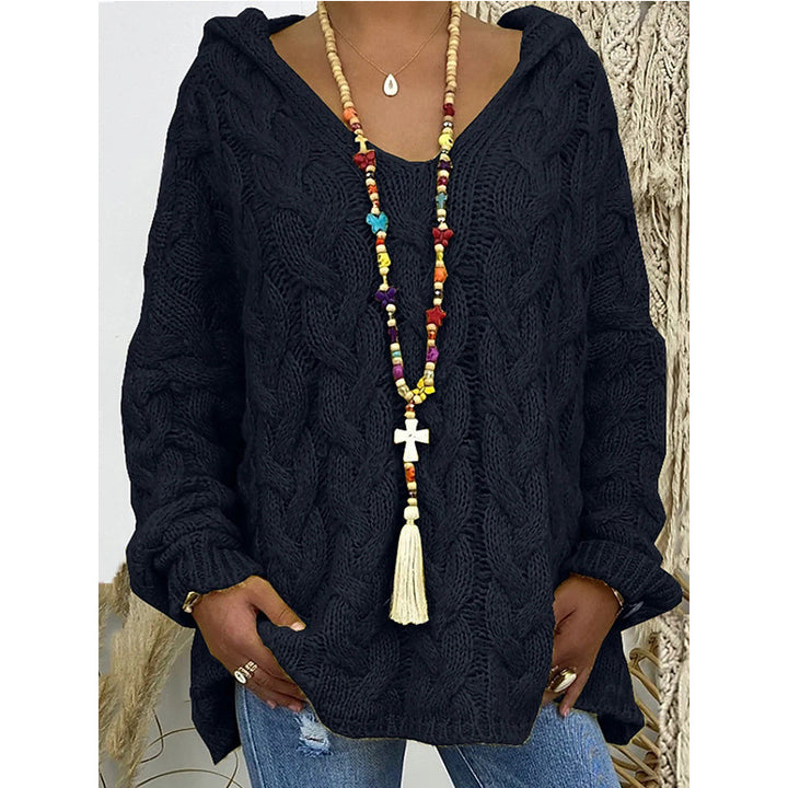 Damen Hoody aus Grobstrick mit V-Ausschnitt und dekorativem Kordelzug Drune