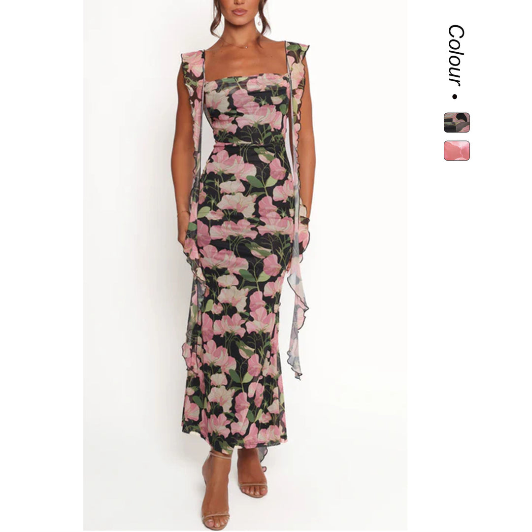 Damen Etuikleid mit romantischem floralem Design und Rüschenärmeln Drune