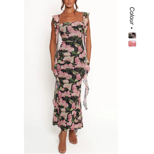 Damen Etuikleid mit romantischem floralem Design und Rüschenärmeln Drune