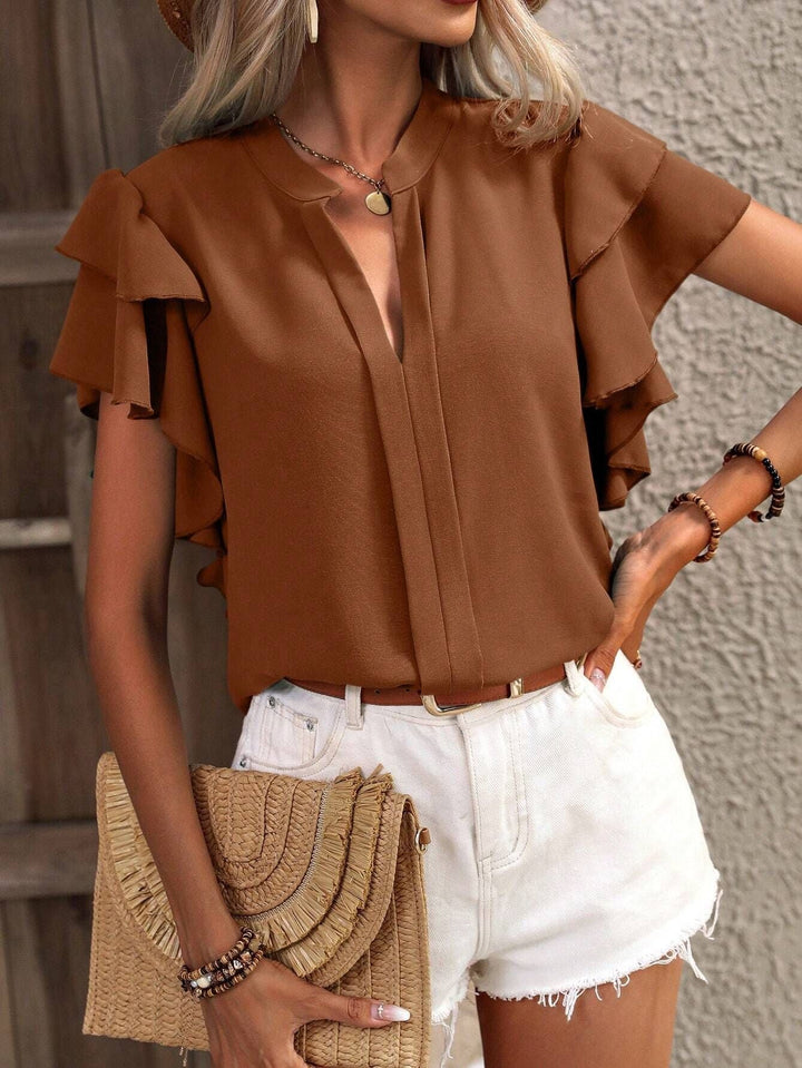 Damen Bluse mit Volants und V-Ausschnitt Drune
