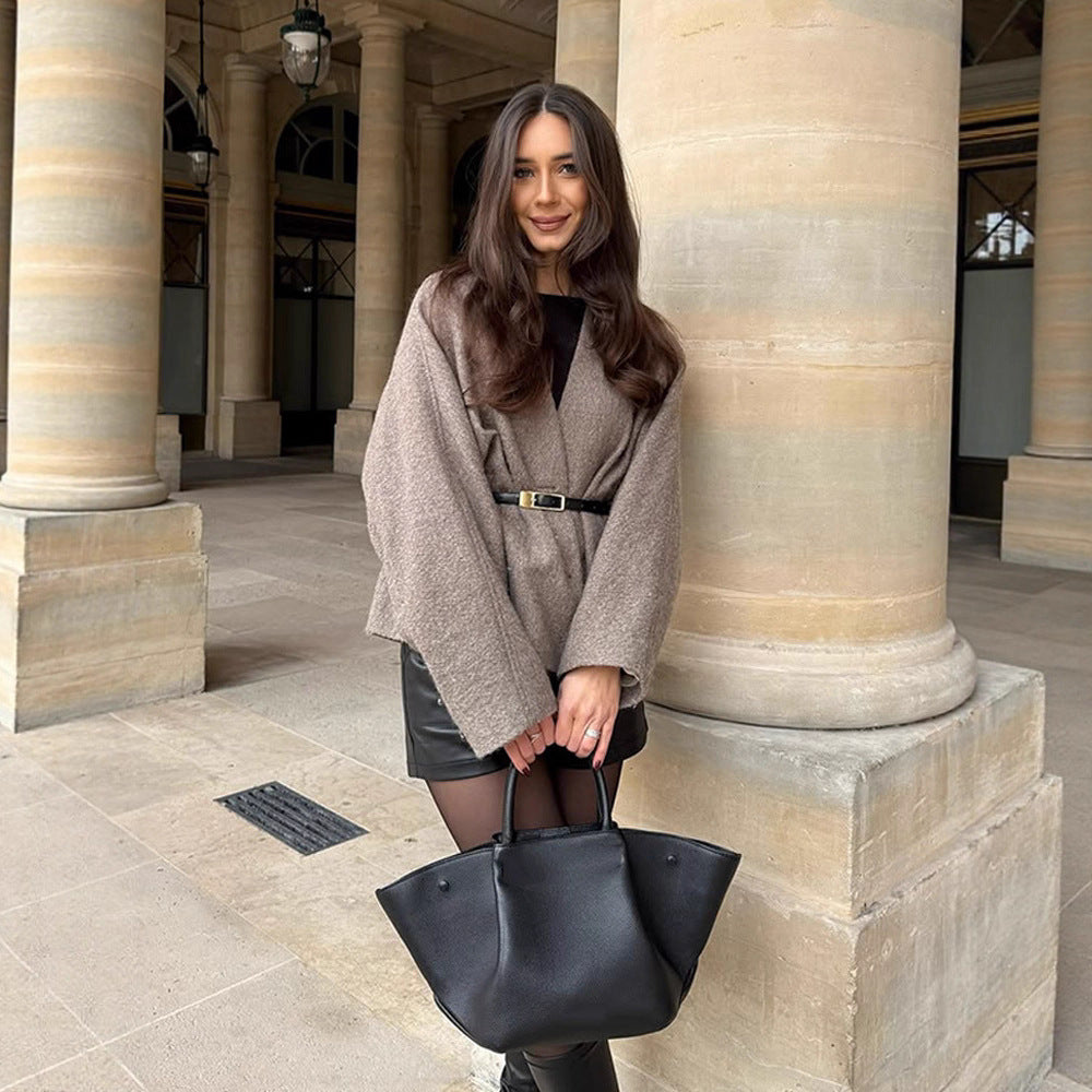 Damen Oversized Wolljacke mit Gürtel und weiten Ärmeln Drune