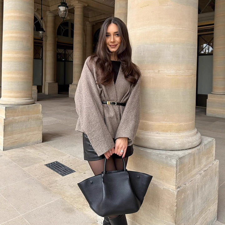 Damen Oversized Wolljacke mit Gürtel und weiten Ärmeln Drune