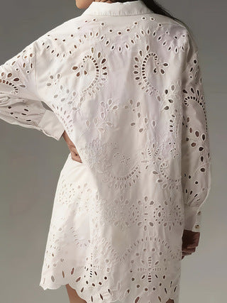 Damen Eyelet Detail Knopf-Up Tunika Shirt Drune