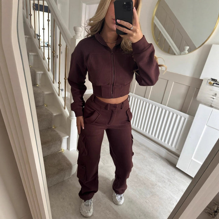 Damen modisches Cropped Jacken- und Cargo-Hosen-Set Drune