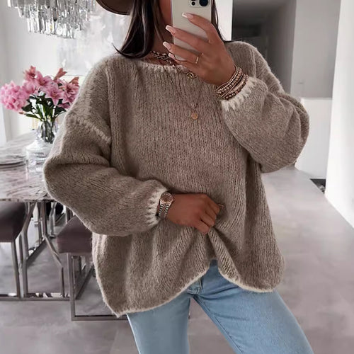Damen lässiger Oversized Strickpullover mit kontrastierenden Akzenten Drune