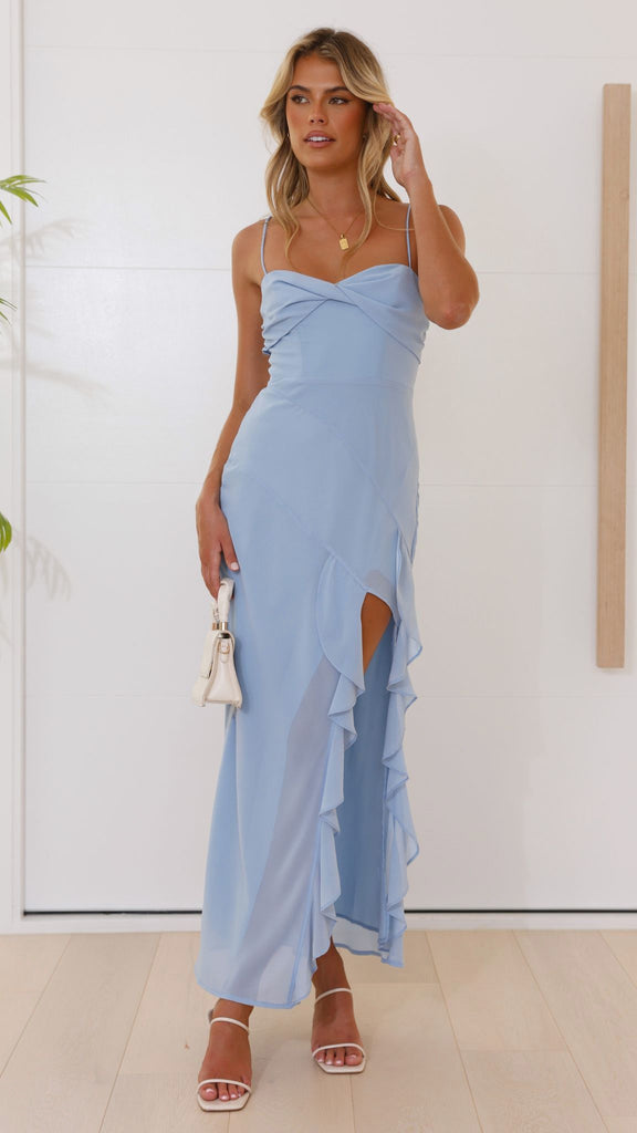 Damen Langarm Maxikleid mit Rüschendetails und hohem Schlitz Drune
