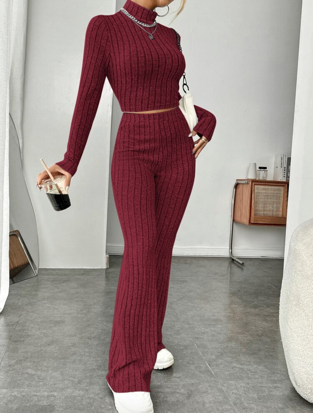 Damen sportliches Rippstrick-Loungewear-Set Drune