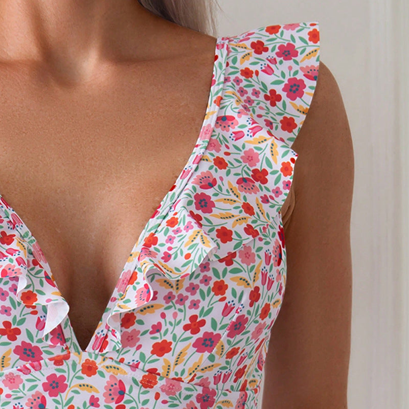 Damen Einteiler Badeanzug mit voluminösen Rüschendetails und floralem Muster Drune