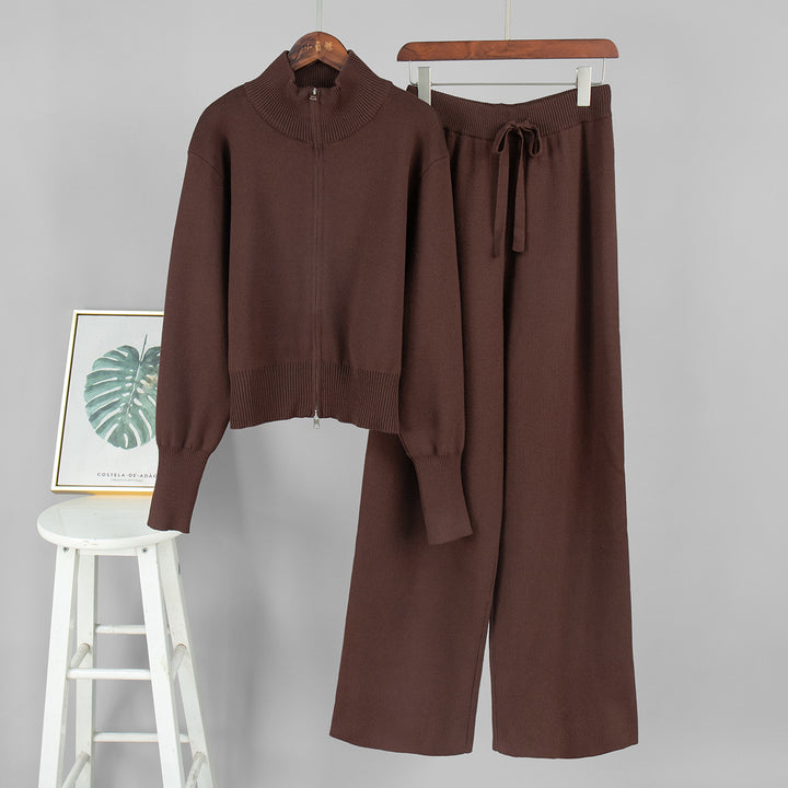 Damen Modisches Strickensemble mit Zip-Kragen und weitem Schnitt Drune