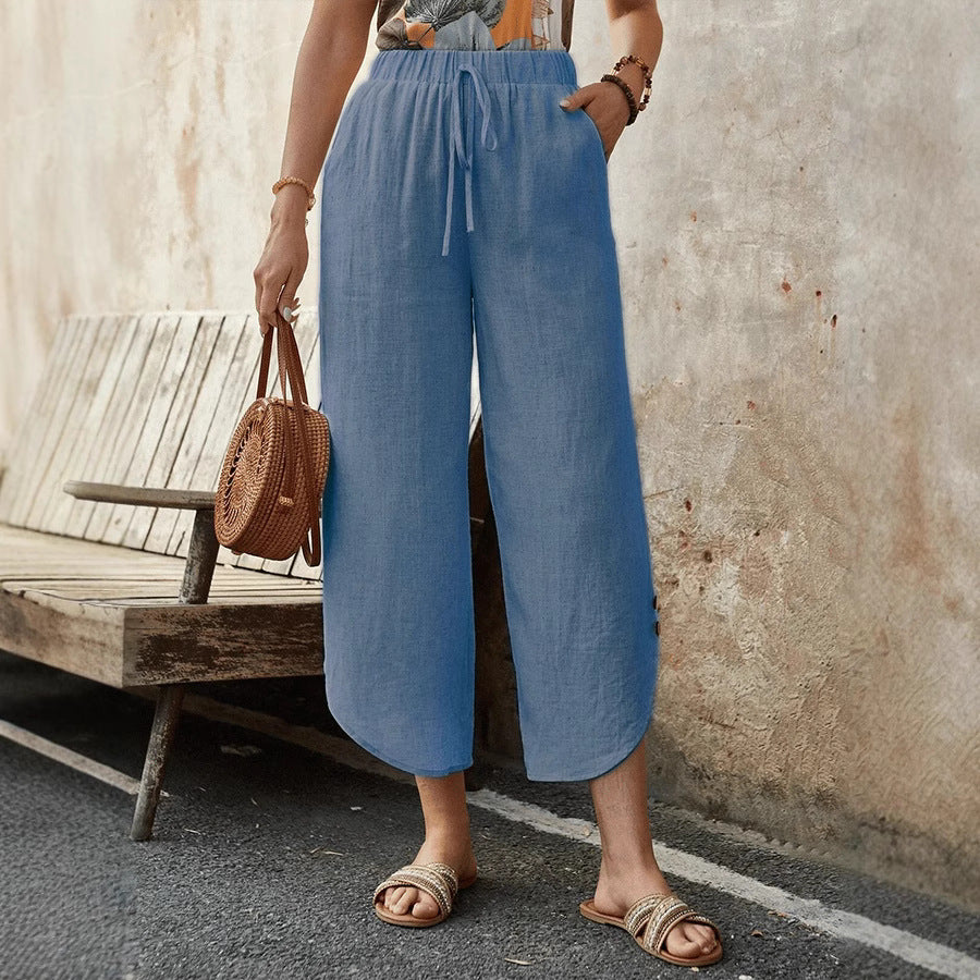 Damen luftige Leinenhose mit elastischem Bund und praktischen Taschen Drune