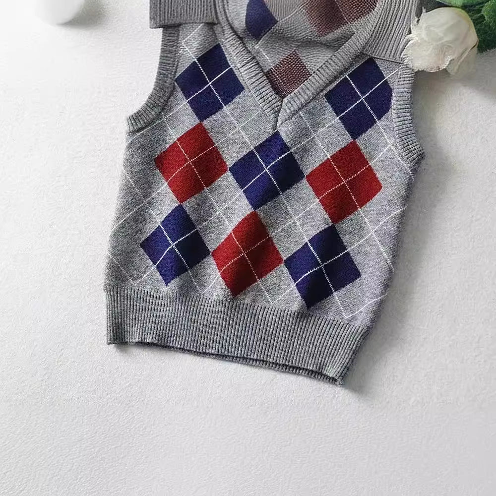 Damen Schickes Strickoberteil mit V-Ausschnitt und Karomuster Drune