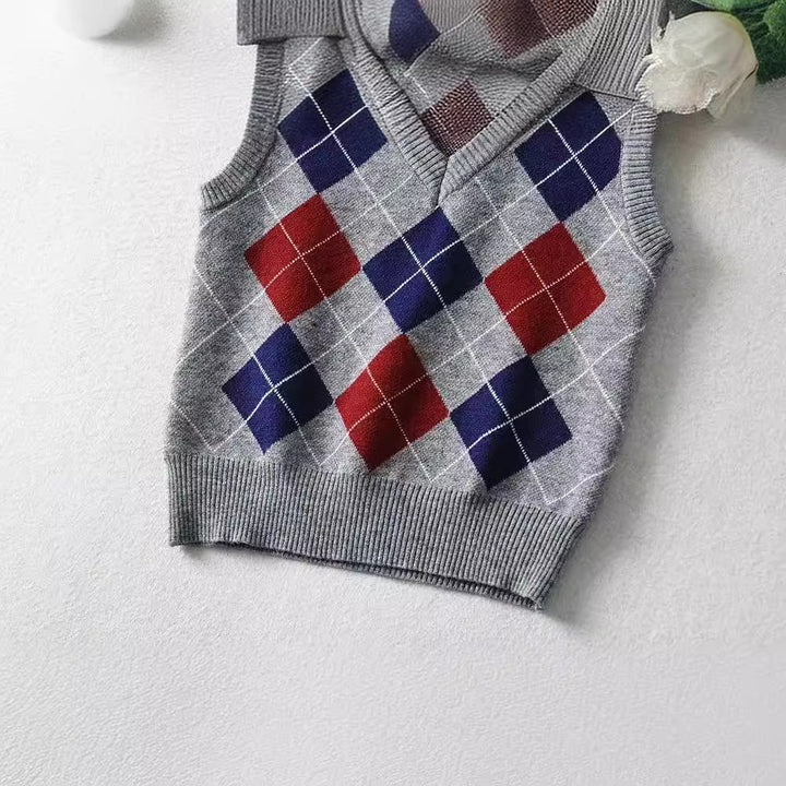 Damen Schickes Strickoberteil mit V-Ausschnitt und Karomuster Drune