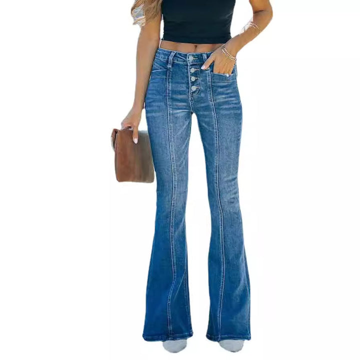 Damen High-Waist Bootcut Jeans mit eleganten Knopfdetails Drune