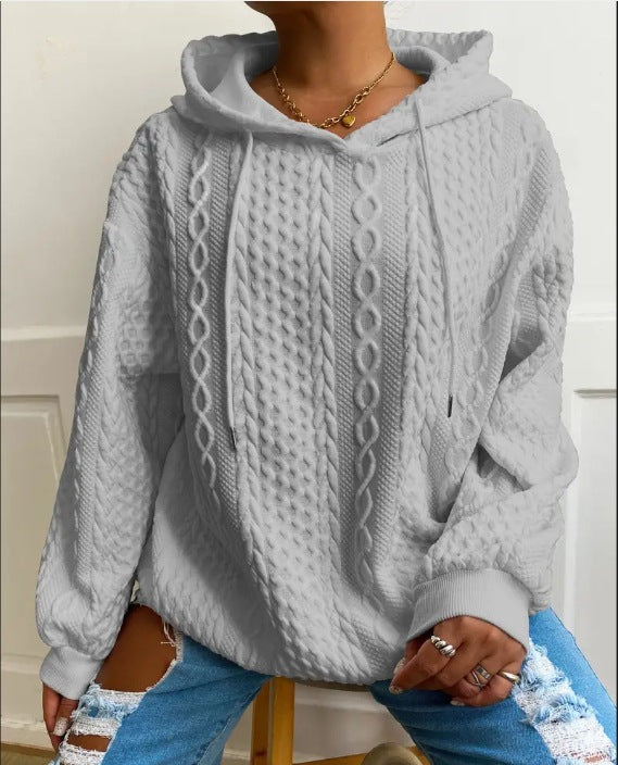 Damen Oversized Strickpullover mit kreativem Kabeleffekt und Kapuze Drune