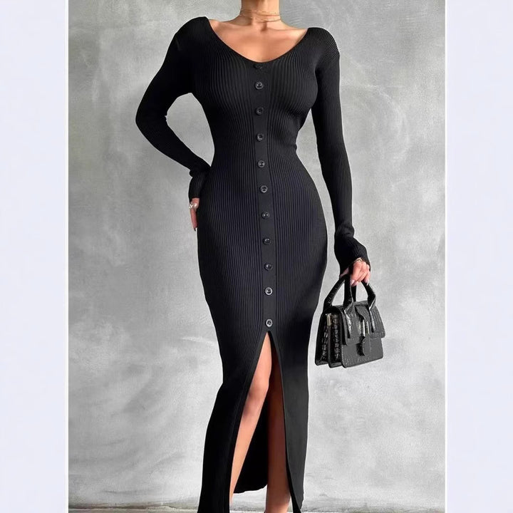 Damen Strickkleid mit hohen Knopfdetails und tiefem V-Ausschnitt Drune