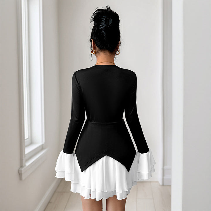 Damen elegantes Wickelkleid mit Volantärmeln und tiefem V-Ausschnitt Drune