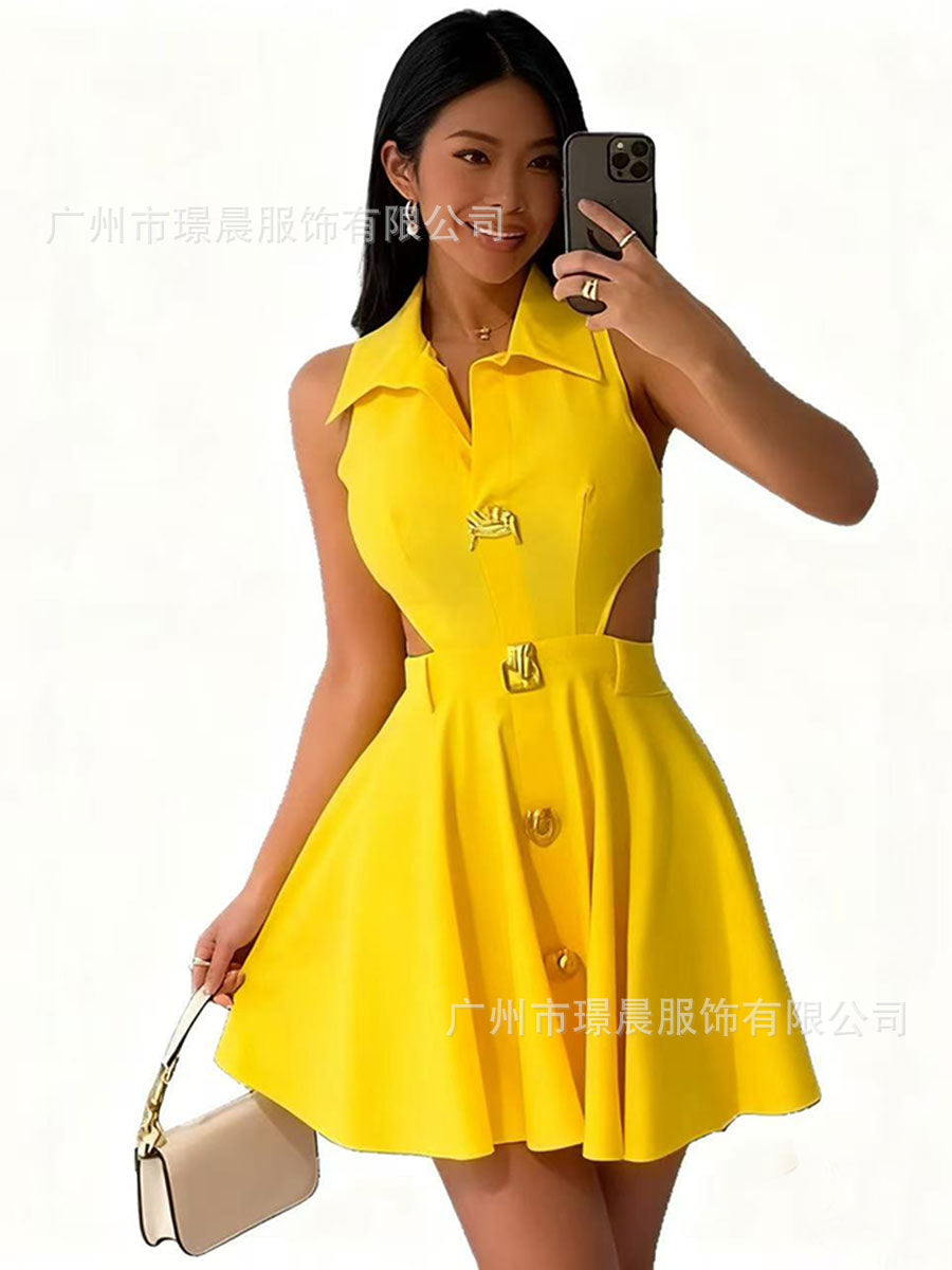 Damen modisches Hochzeitskleid mit Knopfverschluss und seitlichen Cut-Outs Drune