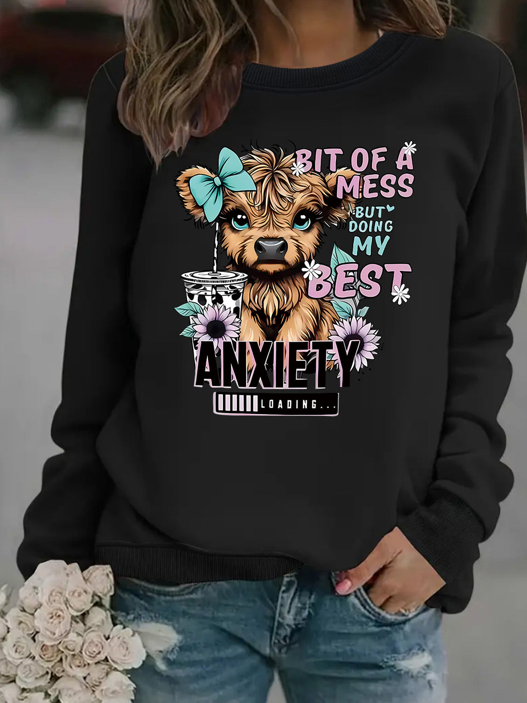 Damen Sweatshirt mit kreativem Hundedesign und inspirierendem Schriftzug Drune