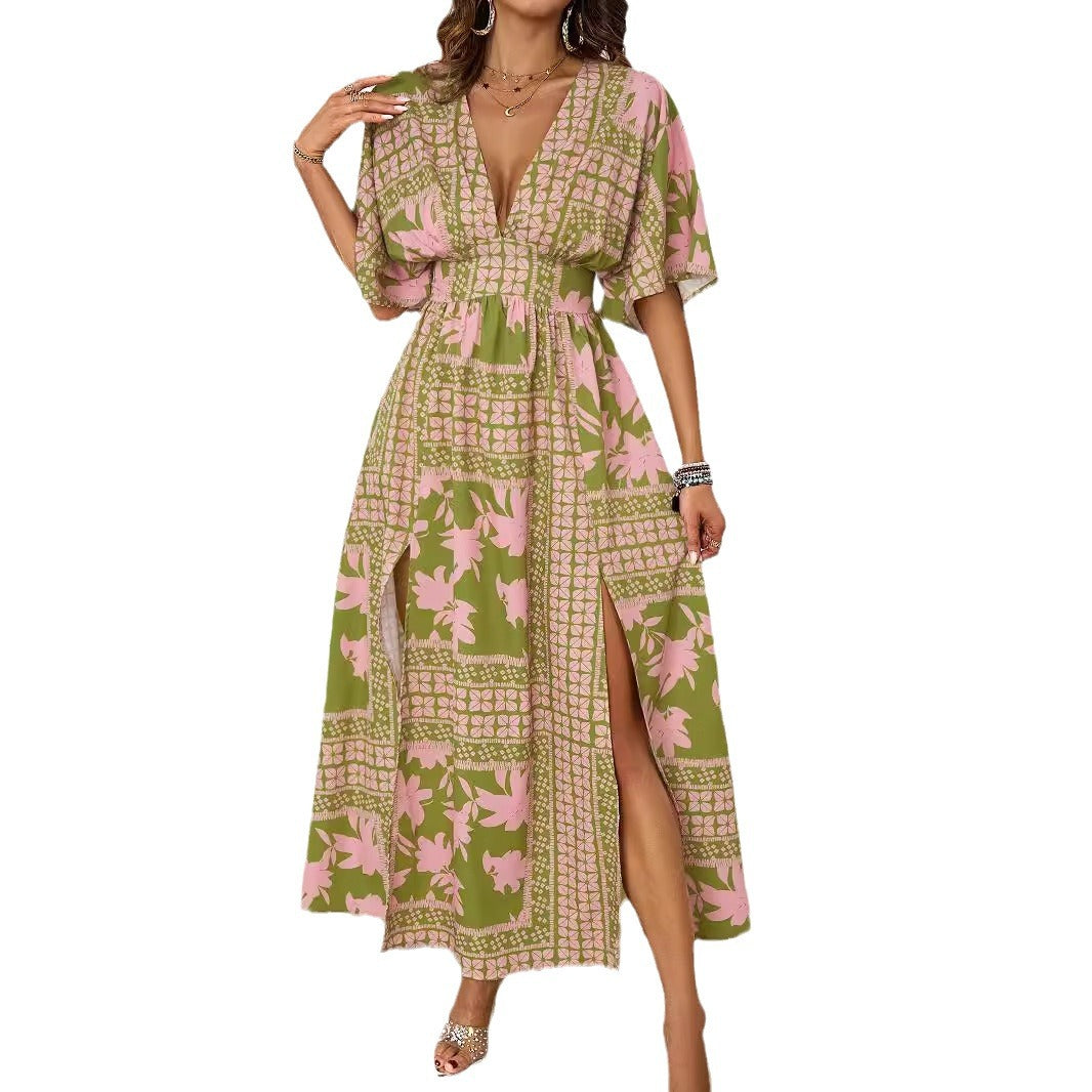 Damen luftiges Maxikleid mit tiefem V-Ausschnitt und eleganten Rüschen Drune