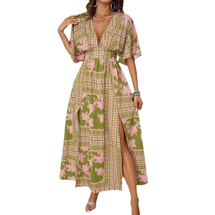 Damen luftiges Maxikleid mit tiefem V-Ausschnitt und eleganten Rüschen Drune
